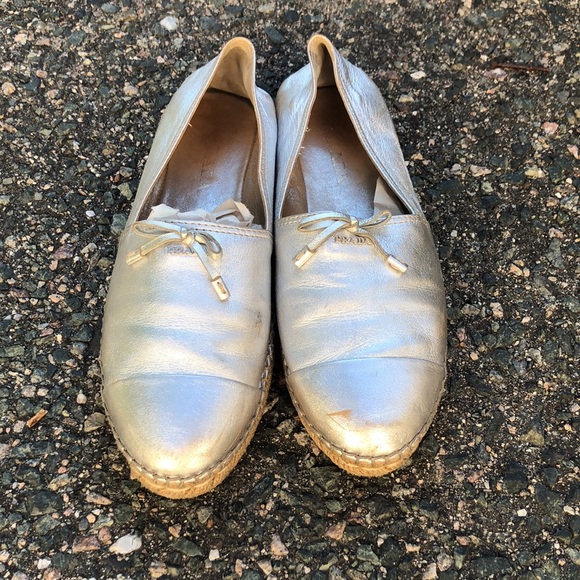Prada Silver Leather Bow Detail Espadrilles Flats Size 40 EU - Picture 2 of 12